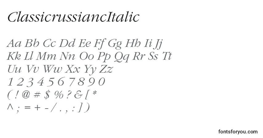A fonte ClassicrussiancItalic – alfabeto, números, caracteres especiais