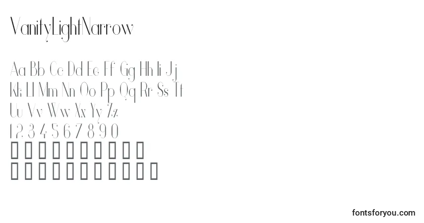 A fonte VanityLightNarrow – alfabeto, números, caracteres especiais