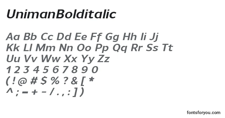 Шрифт UnimanBolditalic – алфавит, цифры, специальные символы