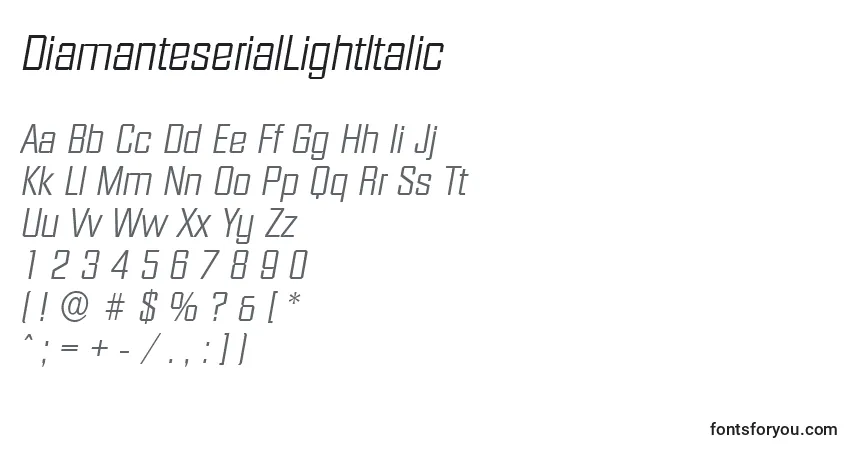 A fonte DiamanteserialLightItalic – alfabeto, números, caracteres especiais