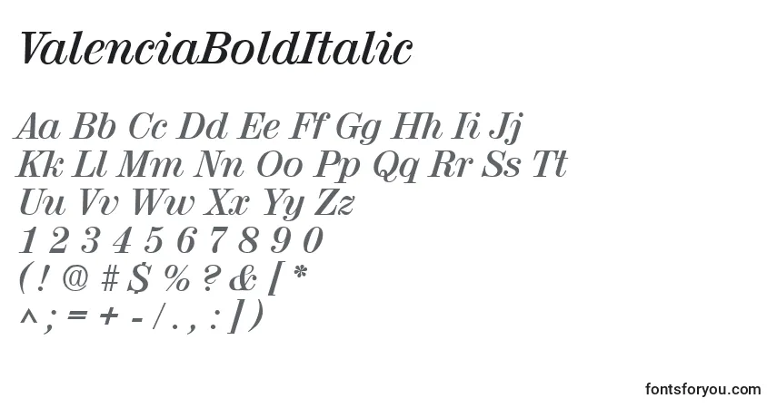 Fuente ValenciaBoldItalic - alfabeto, números, caracteres especiales
