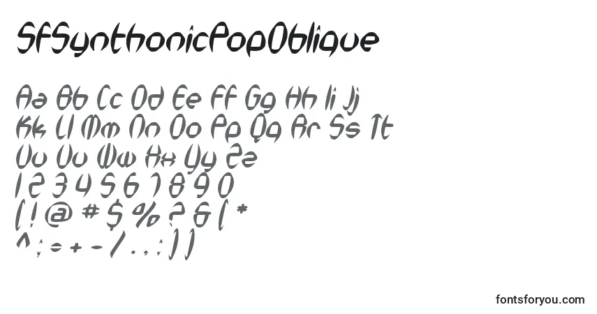 Czcionka SfSynthonicPopOblique – alfabet, cyfry, specjalne znaki