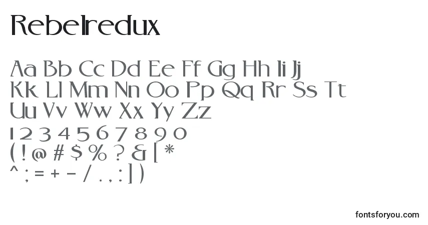 Schriftart Rebelredux – Alphabet, Zahlen, spezielle Symbole