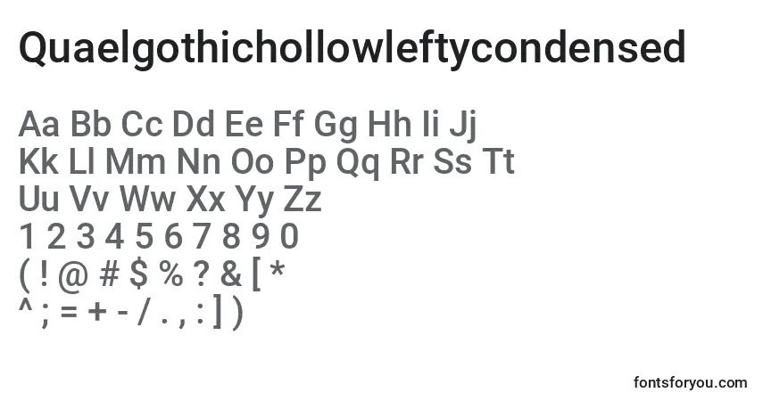 Czcionka Quaelgothichollowleftycondensed – alfabet, cyfry, specjalne znaki