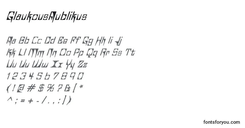 Czcionka GlaukousAublikus – alfabet, cyfry, specjalne znaki