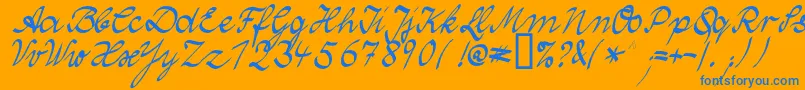 WolgastTwoNormal-Schriftart – Blaue Schriften auf orangefarbenem Hintergrund