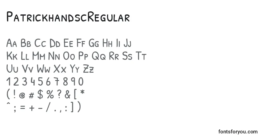 Schriftart PatrickhandscRegular – Alphabet, Zahlen, spezielle Symbole