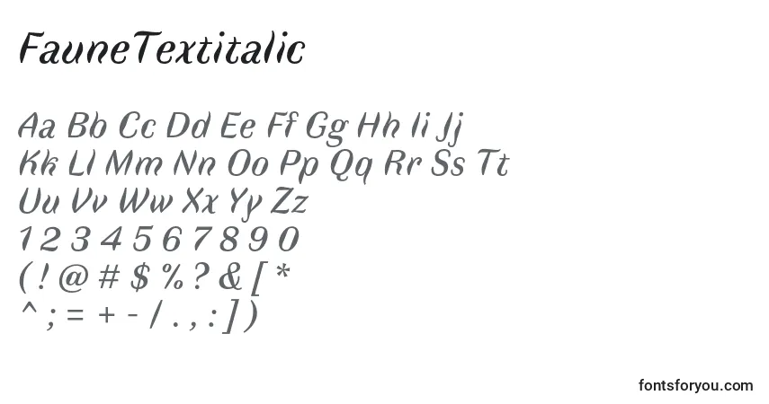 FauneTextitalic-fontti – aakkoset, numerot, erikoismerkit