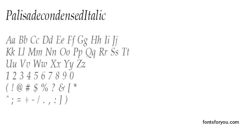 A fonte PalisadecondensedItalic – alfabeto, números, caracteres especiais