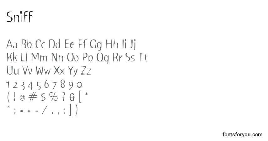 Czcionka Sniff – alfabet, cyfry, specjalne znaki