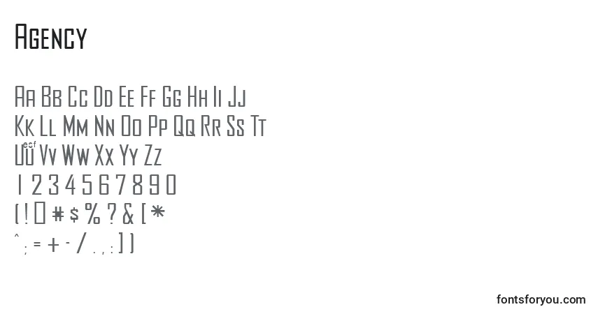 Czcionka Agency – alfabet, cyfry, specjalne znaki