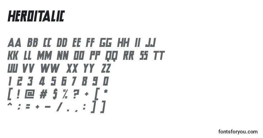 Schriftart HeroItalic – Alphabet, Zahlen, spezielle Symbole