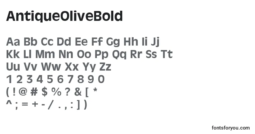 A fonte AntiqueOliveBold – alfabeto, números, caracteres especiais