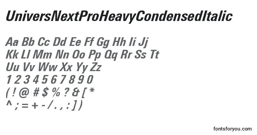 UniversNextProHeavyCondensedItalic-fontti – aakkoset, numerot, erikoismerkit