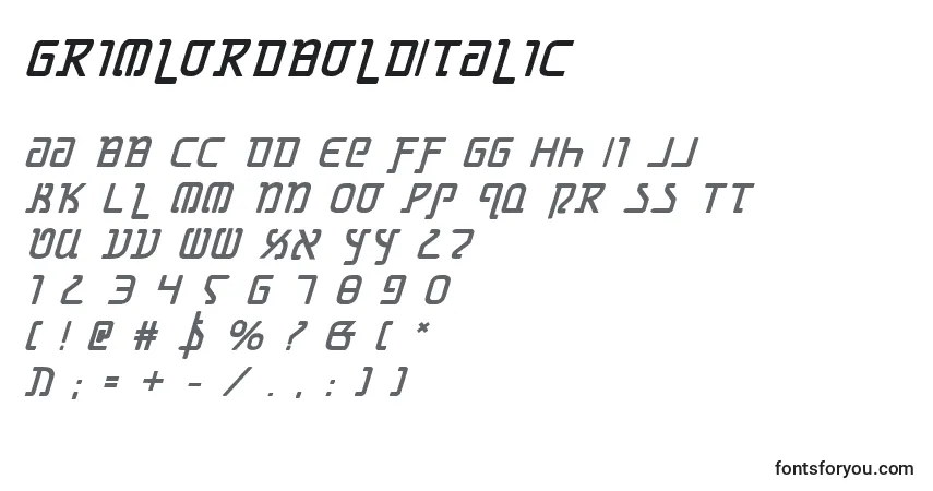 A fonte GrimlordBoldItalic – alfabeto, números, caracteres especiais