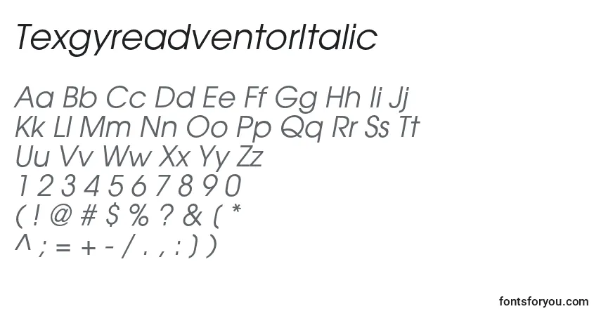Шрифт TexgyreadventorItalic (40833) – алфавит, цифры, специальные символы