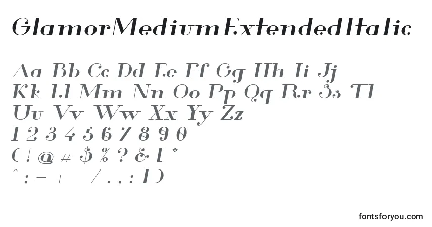 Fuente GlamorMediumExtendedItalic (40836) - alfabeto, números, caracteres especiales