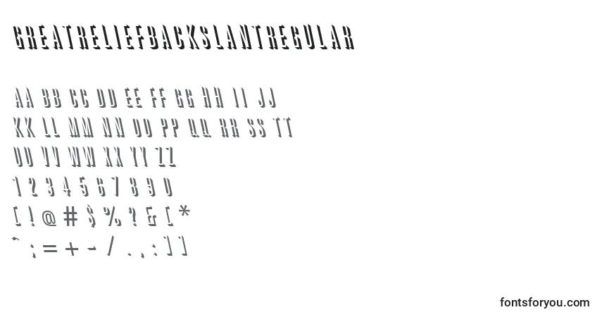 A fonte GreatreliefbackslantRegular – alfabeto, números, caracteres especiais