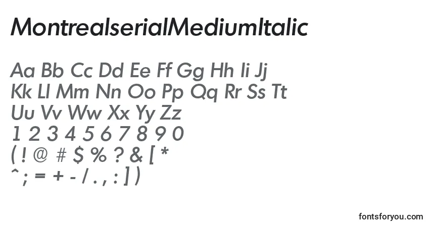 Czcionka MontrealserialMediumItalic – alfabet, cyfry, specjalne znaki