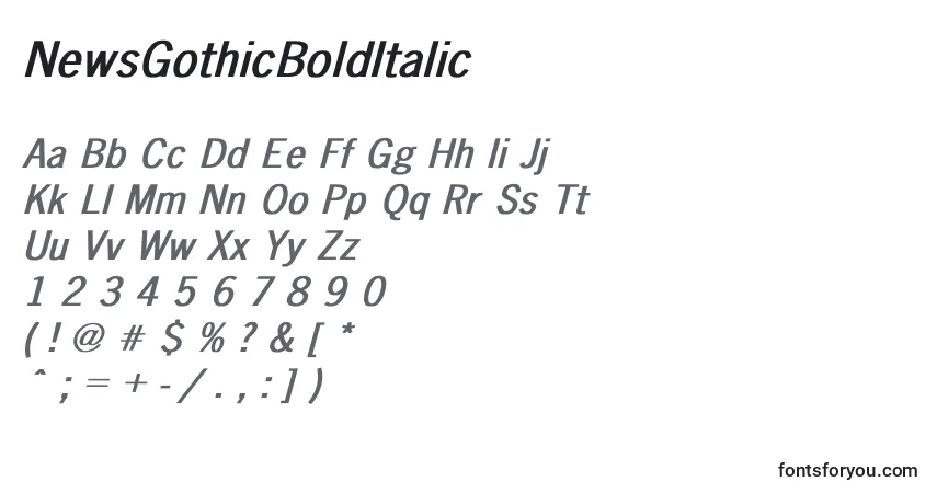 A fonte NewsGothicBoldItalic – alfabeto, números, caracteres especiais