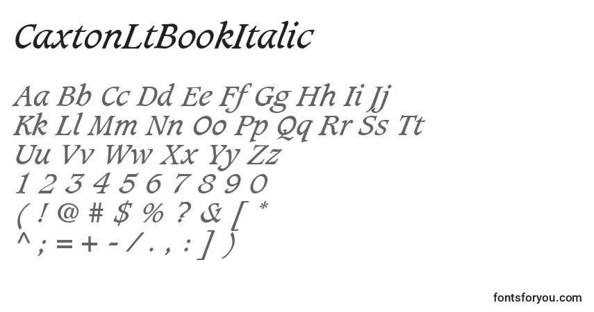 Czcionka CaxtonLtBookItalic – alfabet, cyfry, specjalne znaki