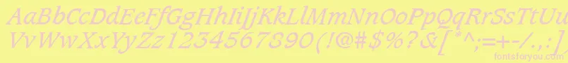 CaxtonLtBookItalic-fontti – vaaleanpunaiset fontit keltaisella taustalla