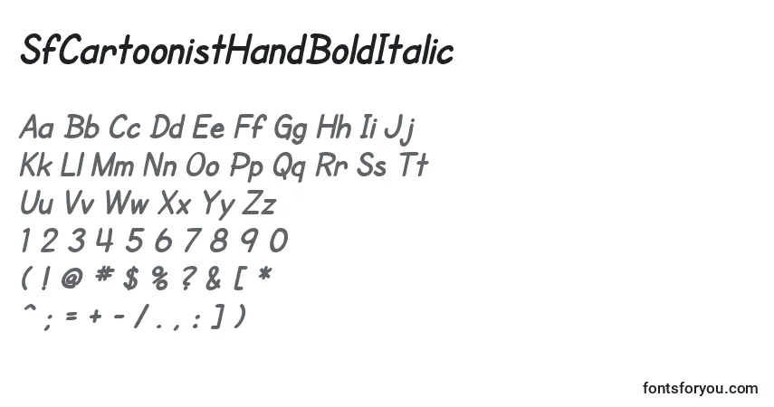 Шрифт SfCartoonistHandBoldItalic – алфавит, цифры, специальные символы