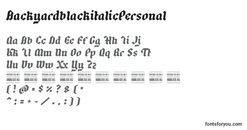 Czcionka BackyardblackitalicPersonal – alfabet, cyfry, specjalne znaki