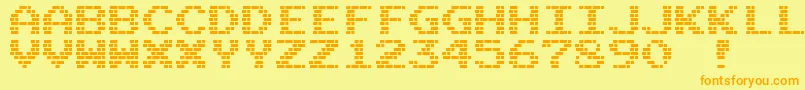 フォントM10BattleCities – オレンジの文字が黄色の背景にあります。