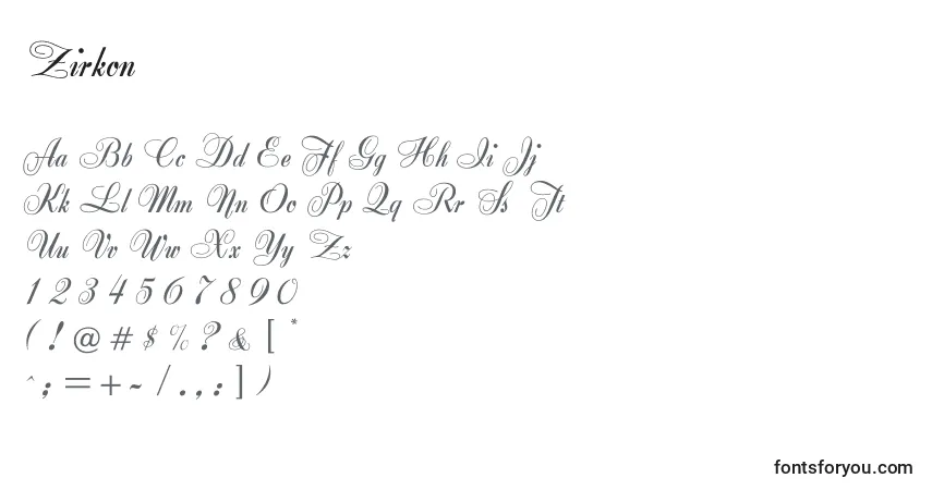Schriftart Zirkon – Alphabet, Zahlen, spezielle Symbole