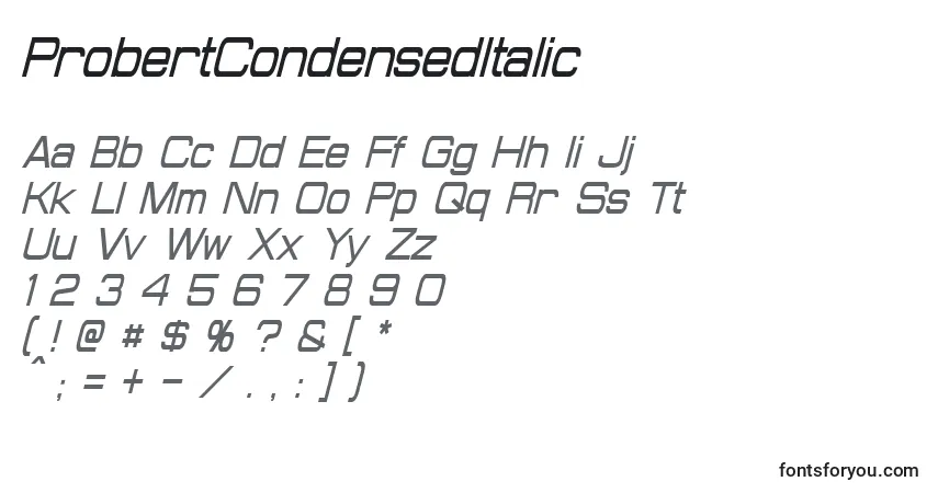 A fonte ProbertCondensedItalic – alfabeto, números, caracteres especiais