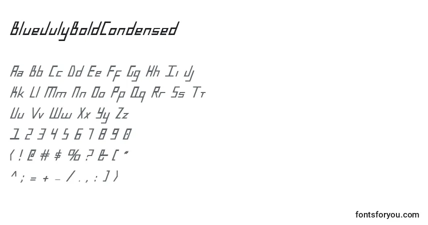 Czcionka BlueJulyBoldCondensed – alfabet, cyfry, specjalne znaki