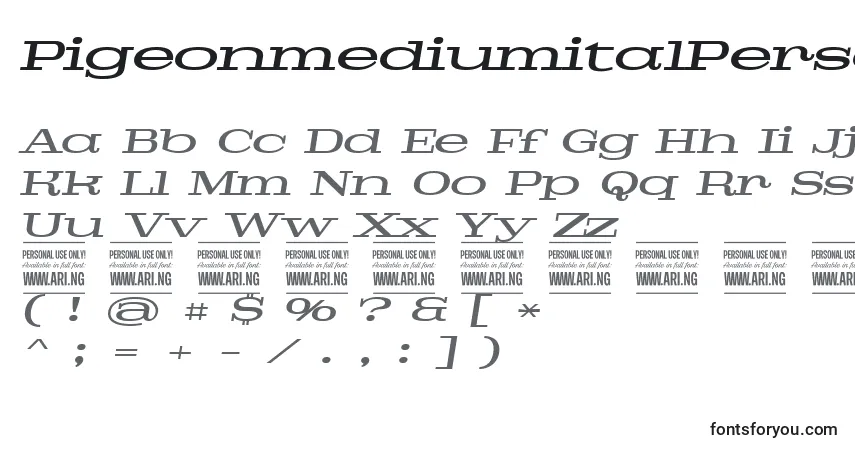 Czcionka PigeonmediumitalPersonal – alfabet, cyfry, specjalne znaki