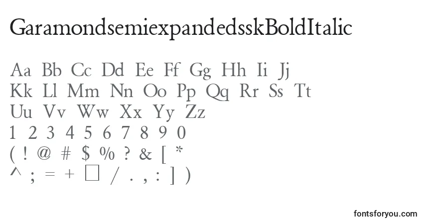 A fonte GaramondsemiexpandedsskBoldItalic – alfabeto, números, caracteres especiais