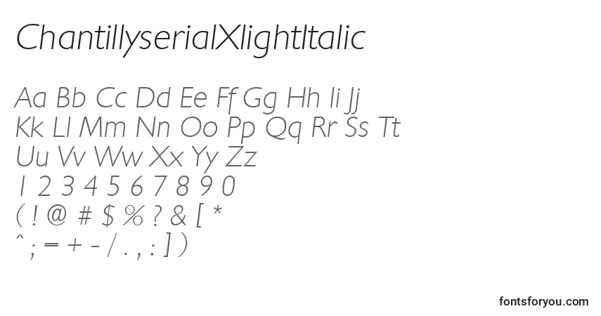 Czcionka ChantillyserialXlightItalic – alfabet, cyfry, specjalne znaki