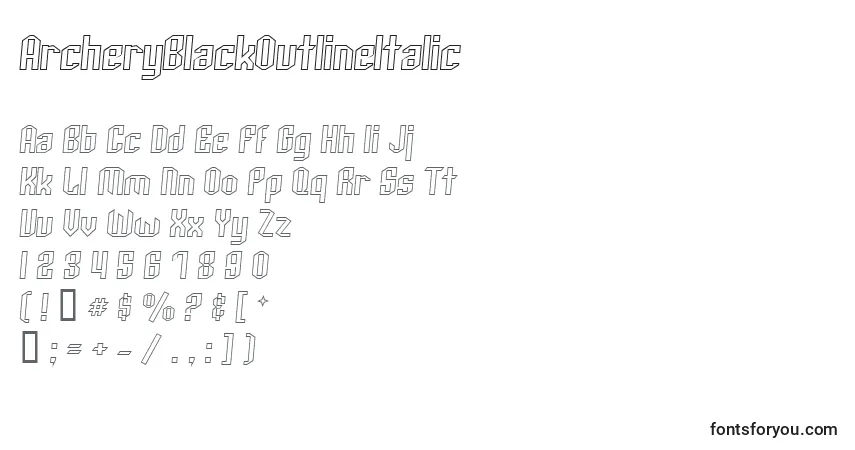 A fonte ArcheryBlackOutlineItalic – alfabeto, números, caracteres especiais