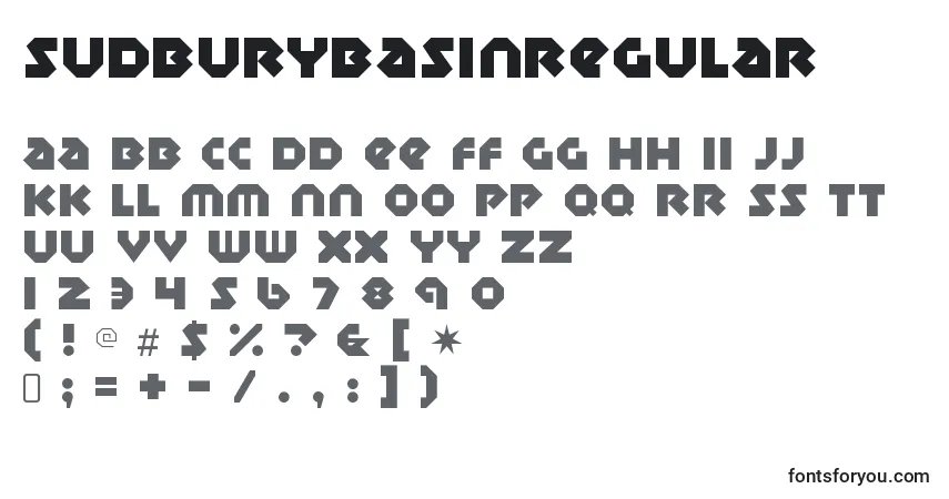 Czcionka SudburybasinRegular – alfabet, cyfry, specjalne znaki
