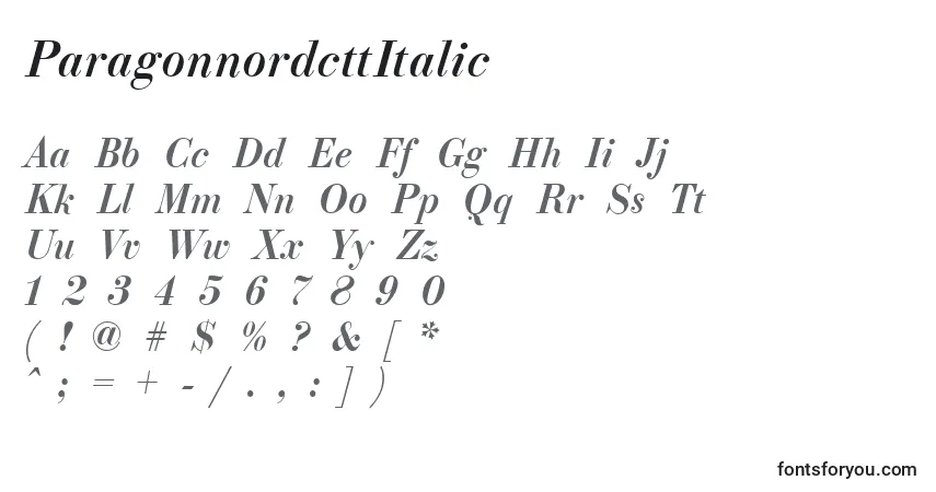 A fonte ParagonnordcttItalic – alfabeto, números, caracteres especiais