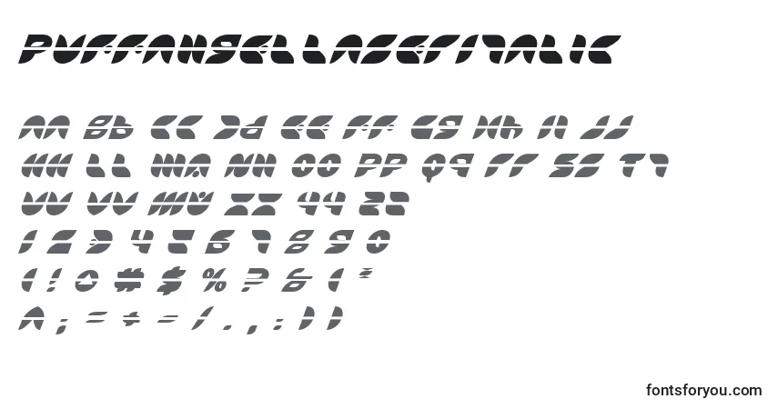 Czcionka PuffAngelLaserItalic – alfabet, cyfry, specjalne znaki