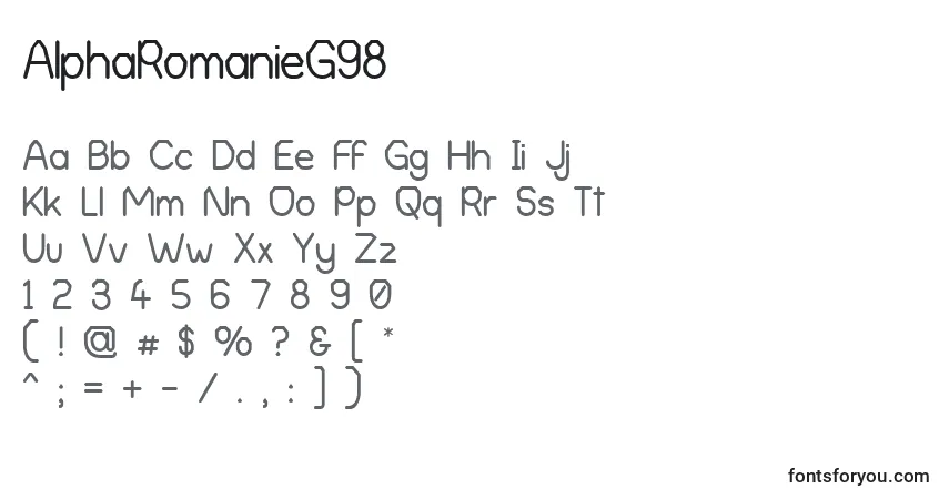 Czcionka AlphaRomanieG98 – alfabet, cyfry, specjalne znaki