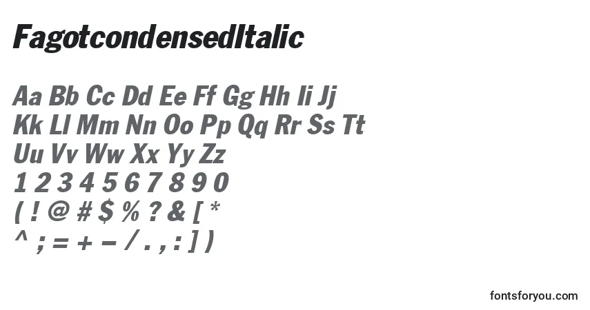 Czcionka FagotcondensedItalic – alfabet, cyfry, specjalne znaki