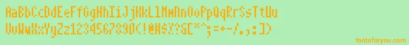 フォントDotimatrix3 – オレンジの文字が緑の背景にあります。