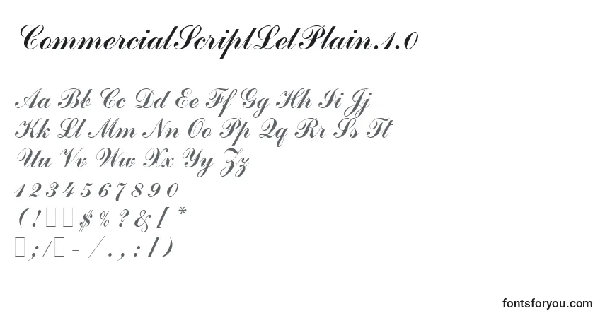 Czcionka CommercialScriptLetPlain.1.0 – alfabet, cyfry, specjalne znaki