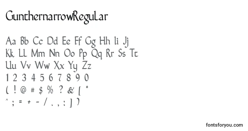 A fonte GunthernarrowRegular – alfabeto, números, caracteres especiais