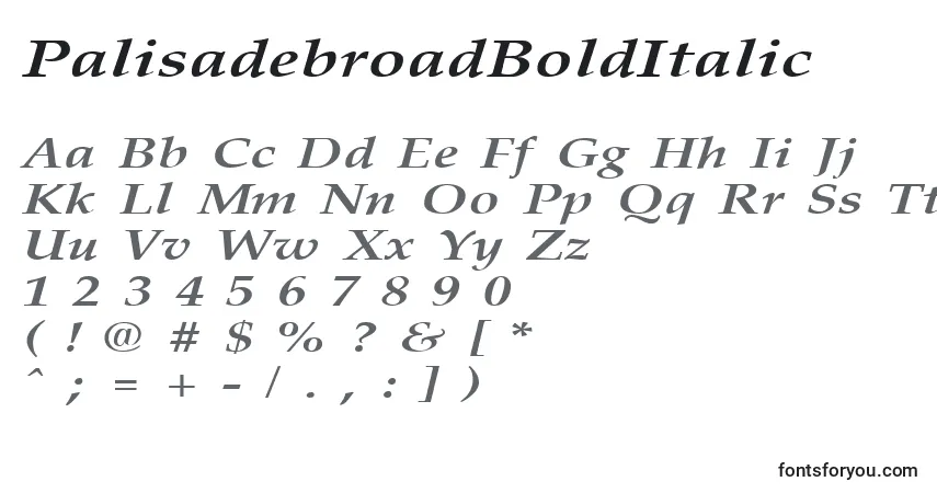 A fonte PalisadebroadBoldItalic – alfabeto, números, caracteres especiais