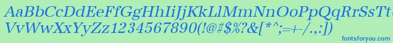 UrwantiquatnarOblique-Schriftart – Blaue Schriften auf grünem Hintergrund