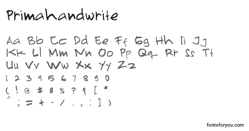 A fonte Primahandwrite – alfabeto, números, caracteres especiais