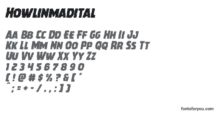 Schriftart Howlinmadital – Alphabet, Zahlen, spezielle Symbole