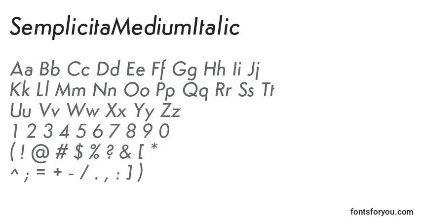 Шрифт SemplicitaMediumItalic – алфавит, цифры, специальные символы