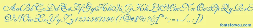 Fonte ShelleyLtVolanteScript – fontes azuis em um fundo amarelo